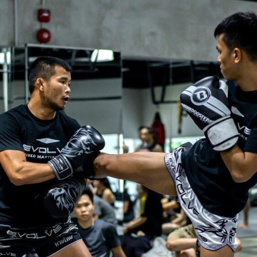 Nong-O Gaiyanghadao and Panpayak Jitmuangnon demonstrating kick defence at Evolve MMA