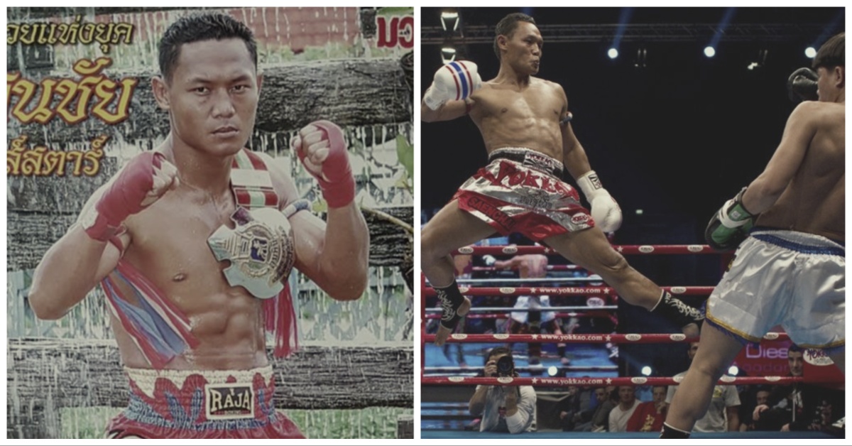 A young Saenchai with a Lumpinee belt alongside an iconic action shot of him executing a flying kick in the ring.